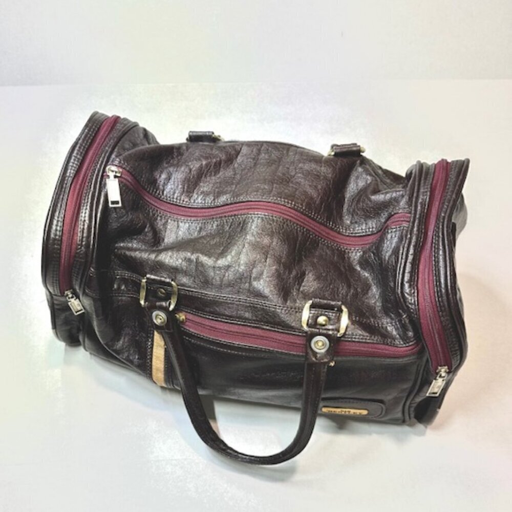 VTG Sir Bentley Leather Duffel Bag Travel Carry On Double Handles Black Red 18” - Picture 4 of 15